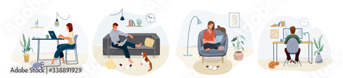 Work at home concept design. Freelance woman and man working on laptop with pets at their house, dressed in home clothes. Vector illustration set isolated on white background