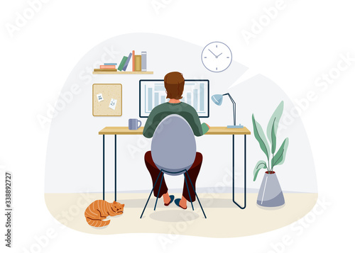 Work at home concept design. Freelancer man working on computer at his house office and striped red cat pet near him. Vector illustration isolated on white background