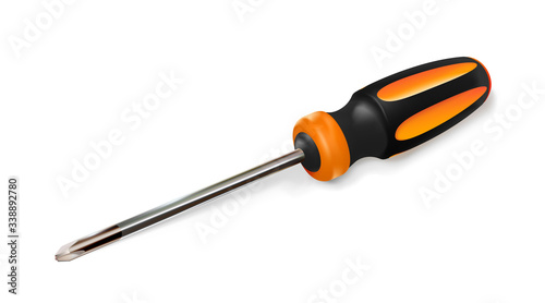 Orange professional realistic screwdriver with a plastic handle. isometric 3d construction tool isolated on white background. Vector illustration. Cruciform for repair and construction.