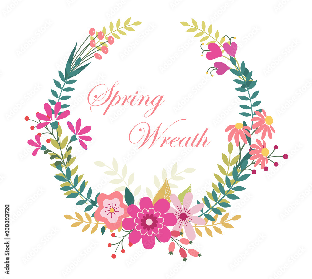 Summer or Spring Floral Greeting Card decor with flower wreath. Text white Background. natural Illustration on white background Summer or Spring Floral Greeting Card decor with flower wreath. Text white Background. natural Illustration on white background