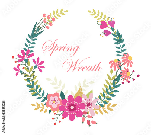 Summer or Spring Floral Greeting Card decor with flower wreath. Text white Background. natural Illustration on white background