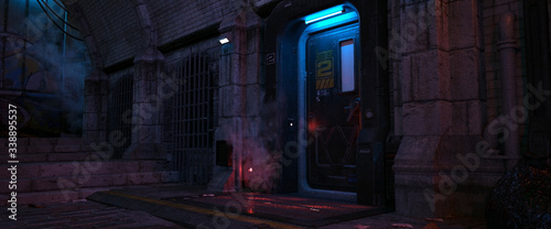Dark urban future. Street of a futuristic city. Cyberpunk cityscape. 3D illustration. Wall of a futuristic building with door and neon lights. Beautiful neon night scene. © Valeriy