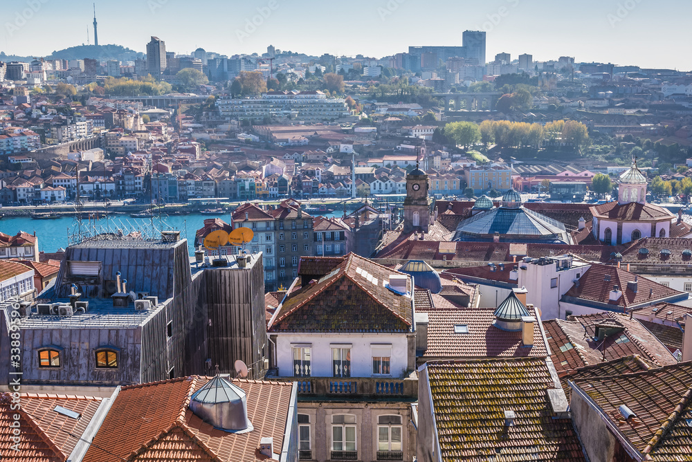 Roofs of Porto city, view with Vila Nova de Gaia city on background, Portugal
