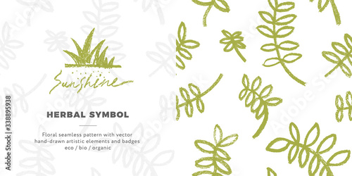 Vector organic food symbol with floral seamless pattern. Healthy eating icon. Vegan badge with hand-drawn leaves. Trendy sign for vegetarian logo  natural cosmetics  eco friendly label design. 
