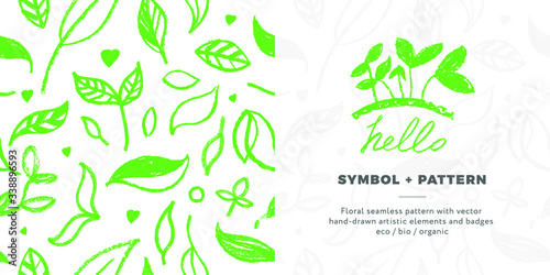 Vector organic food symbol with floral seamless pattern. Healthy eating icon. Vegan badge with hand-drawn leaves. Trendy sign for vegetarian logo, natural cosmetics, eco friendly label design.