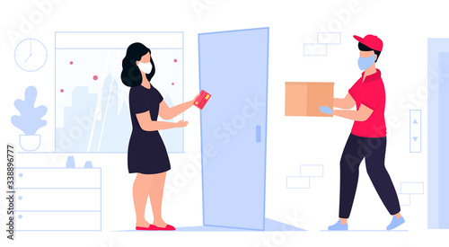 COVID-19. Coronavirus. A deliveryman in a protective medical mask brought the parcel to the door. Woman waiting for a courier. Order food. Safe delivery. Quarantine. Self isolation.