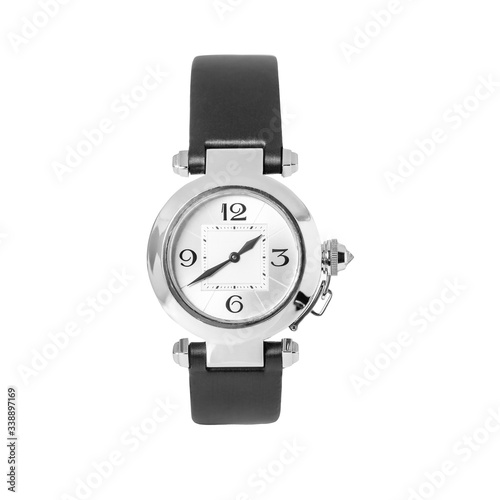 Luxury watch in white gold and leather strap, front view isolated on a white background