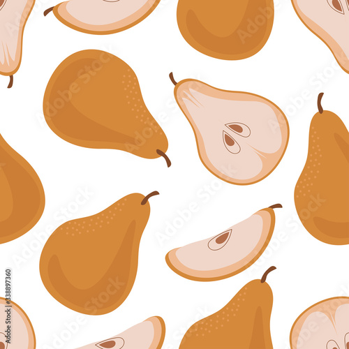 Vector illustration of a pear tree . Cute seamless pattern-whole pear, half pear and slice of pear. Seamless fruit print design for fabrics or wrapping paper.