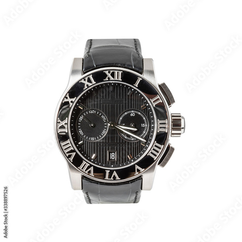 Stylish steel chronograph watch with a black dial, calendar and with a black leather strap, front view isolated on white background