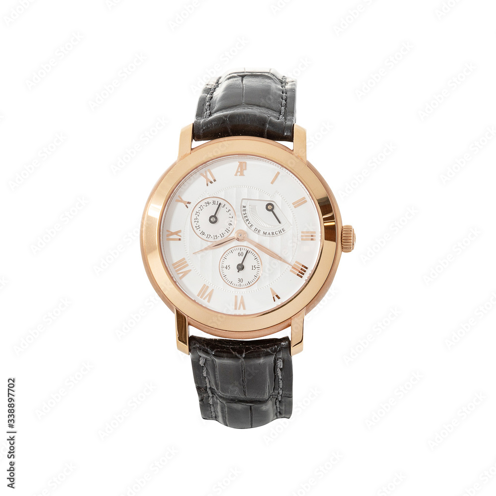 Luxury Rose Gold Watch Isolated on White. Classic Watch with Annual Calendar & Smooth Bezel. Front View Automatic Movement Wristwatch with black Leather Strap Luxury Rose Gold Watch Isolated on White. Classic Watch with Annual Calendar & Smooth Bezel. Front View Automatic Movement Wristwatch with black Leather Strap