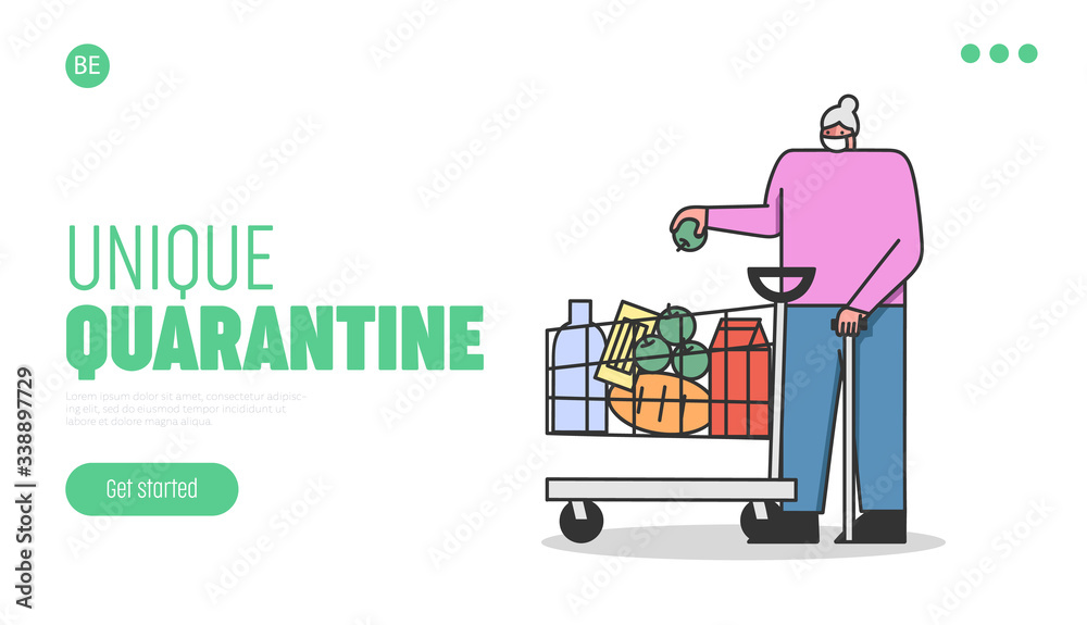 Concept Of a Quarantine During Coronavirus. Website Landing Page. Elderly Woman With Trolley Full Of Food Supply Is Wearing Protective Mask. Web Page Cartoon Linear Outline Flat Vector Illustration Concept Of a Quarantine During Coronavirus. Website Landing Page. Elderly Woman With Trolley Full Of Food Supply Is Wearing Protective Mask. Web Page Cartoon Linear Outline Flat Vector Illustration