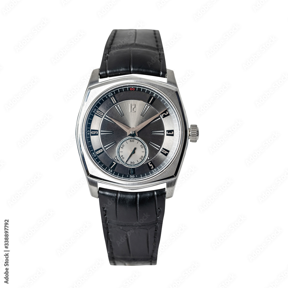 Stylish steel chronograph watch with a black dial and with a black leather strap, front view isolated on white background Stylish steel chronograph watch with a black dial and with a black leather strap, front view isolated on white background