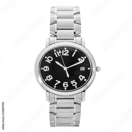 Classic silver watch with a black dial with a calendar and a steel strap, front view isolated on white background