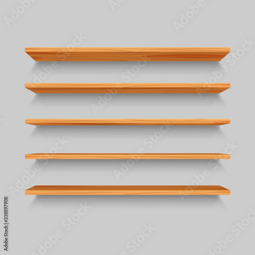 Fototapeta Naklejka Na Ścianę i Meble -  Five wooden realistic shelves. Mock up or template of empty shelf isolated on grey background. Part of interior for your design. Vector illustration.