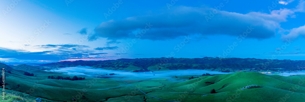 Panorama of Valley in Fog at Dawn 