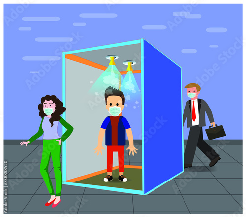 Sanitize tunnel for disinfectant and protect people from covid-19 coronavirus. Tunnel is spraying antibiotic on human body to kill germs and viruses. Full body sanitize gate for public and employees.