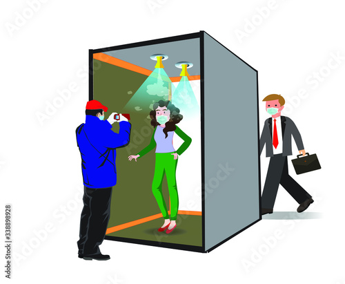 Sanitize tunnel for disinfectant and protect people from covid-19 coronavirus. Tunnel is spraying antibiotic on human body to kill germs and viruses. Full body sanitize gate for public and employees.