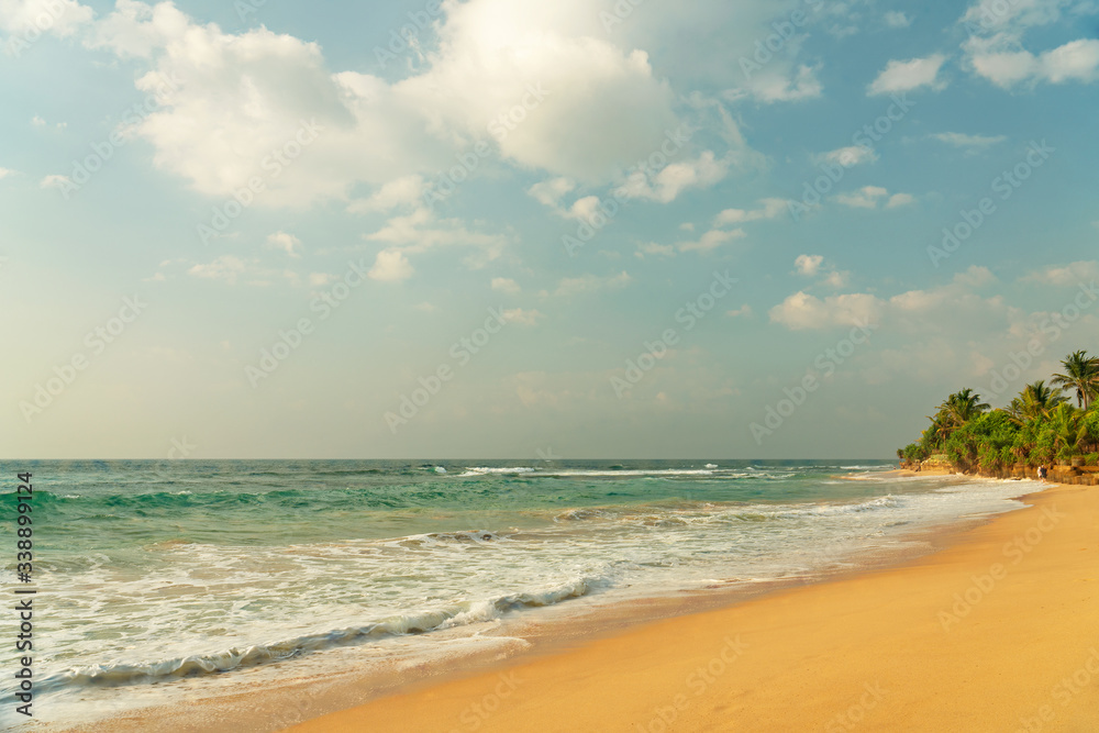 Ocean waves sand beach landscape view, Sri Lanka