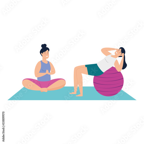 women practicing yoga and pilates vector illustration design