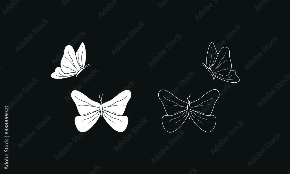 Fototapeta premium Vector illustration of silhouettes of butterflies in black and white on black background.
