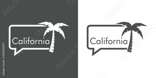 Destino de vacaciones. Logotipo con texto California en globo de habla con palmera en fondo gris y fondo blanco