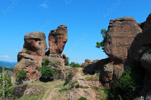 Belogradchik rocks formation against clear blue sky in summer