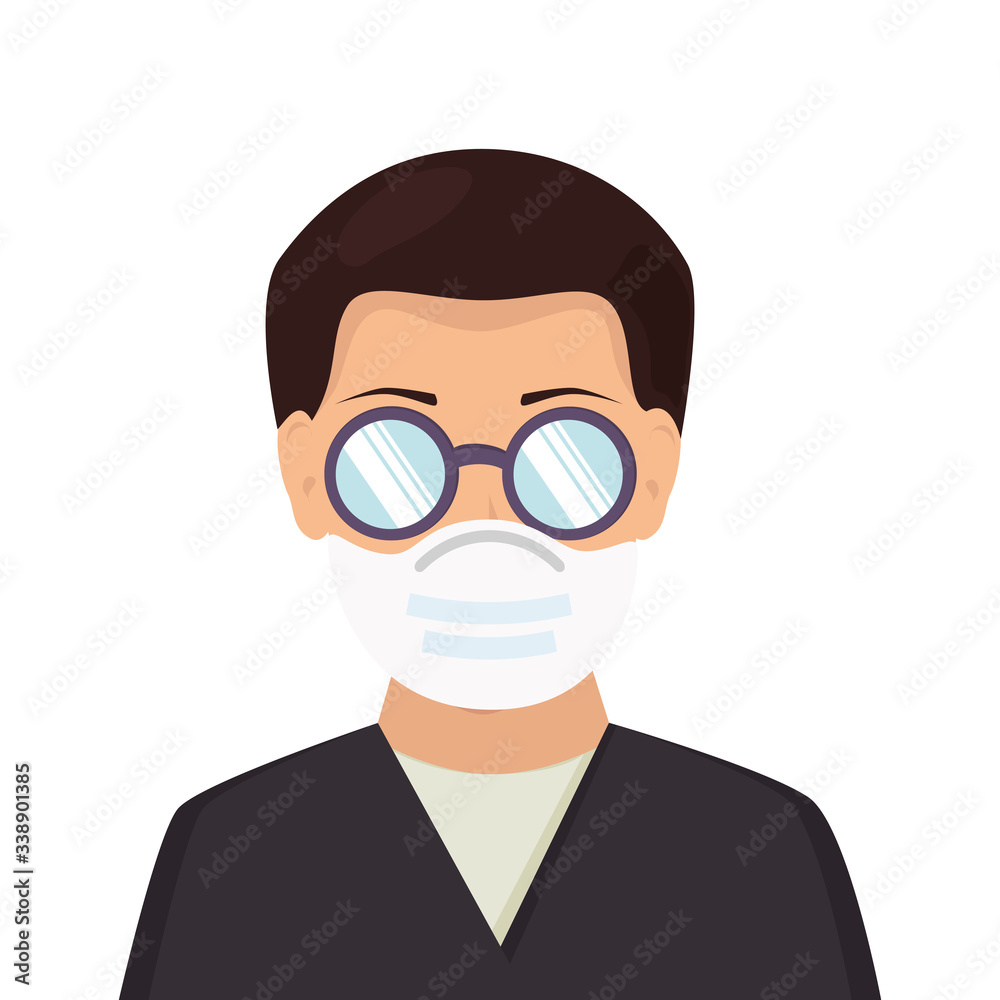 man with eyeglasses and face mask isolated icon vector illustration design