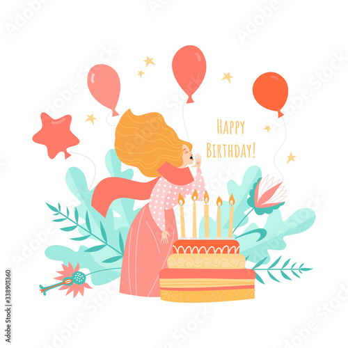 Vector birthday card template with cake and candles and cute cartoon girl on a background of flowers