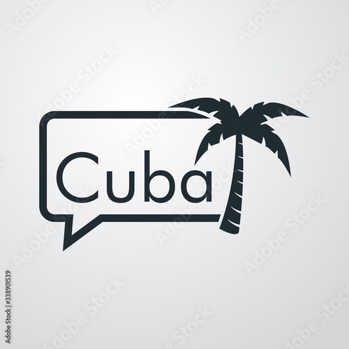 Destino de vacaciones. Logotipo con texto Cuba en globo de habla con palmera en fondo gris