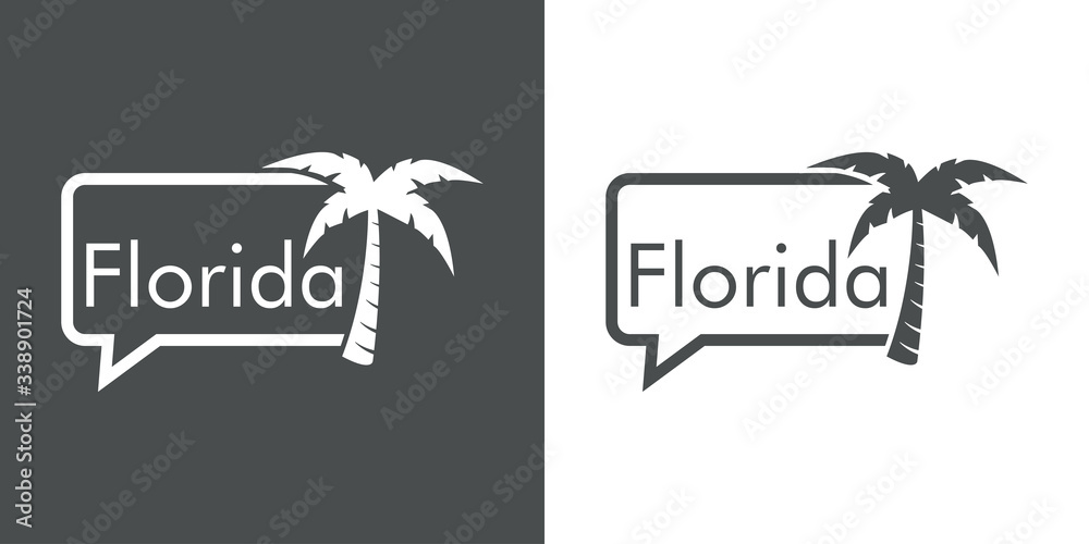 Destino de vacaciones. Logotipo con texto Florida en globo de habla con palmera en fondo gris y fondo blanco