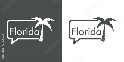 Destino de vacaciones. Logotipo con texto Florida en globo de habla con palmera en fondo gris y fondo blanco