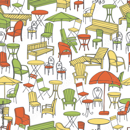 Hand drawn garden furniture. Vector  seamless pattern