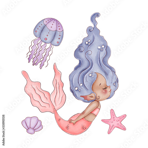 Foto Cute watercolor african little mermaid with violet hair and pink tail on a white