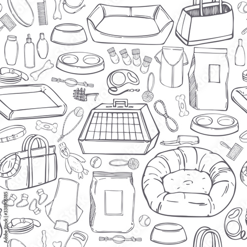 Hand drawn dog stuff set. Toys, food, and pet care accessories. Vector seamless pattern.