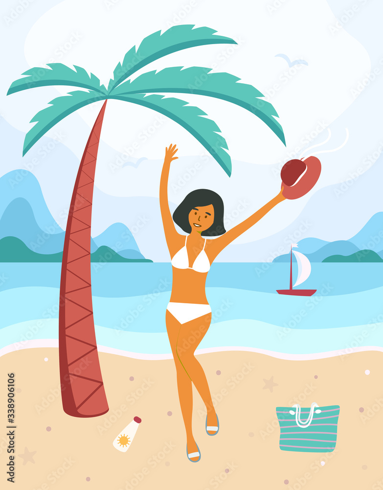 A woman in a swimsuit sunbathes. Girl jumping for joy on the sea or ocean. Beautiful girl relaxing under palm tree. Summer holiday or vacation. Flat vector stock illustration.