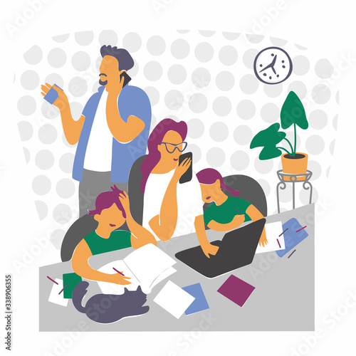 Quarantine. The concept of freelance and remote work. Stay at home. Homework. A busy mom and dad work at home with children and a cat. Children study remotely. Flat style vector illustration.