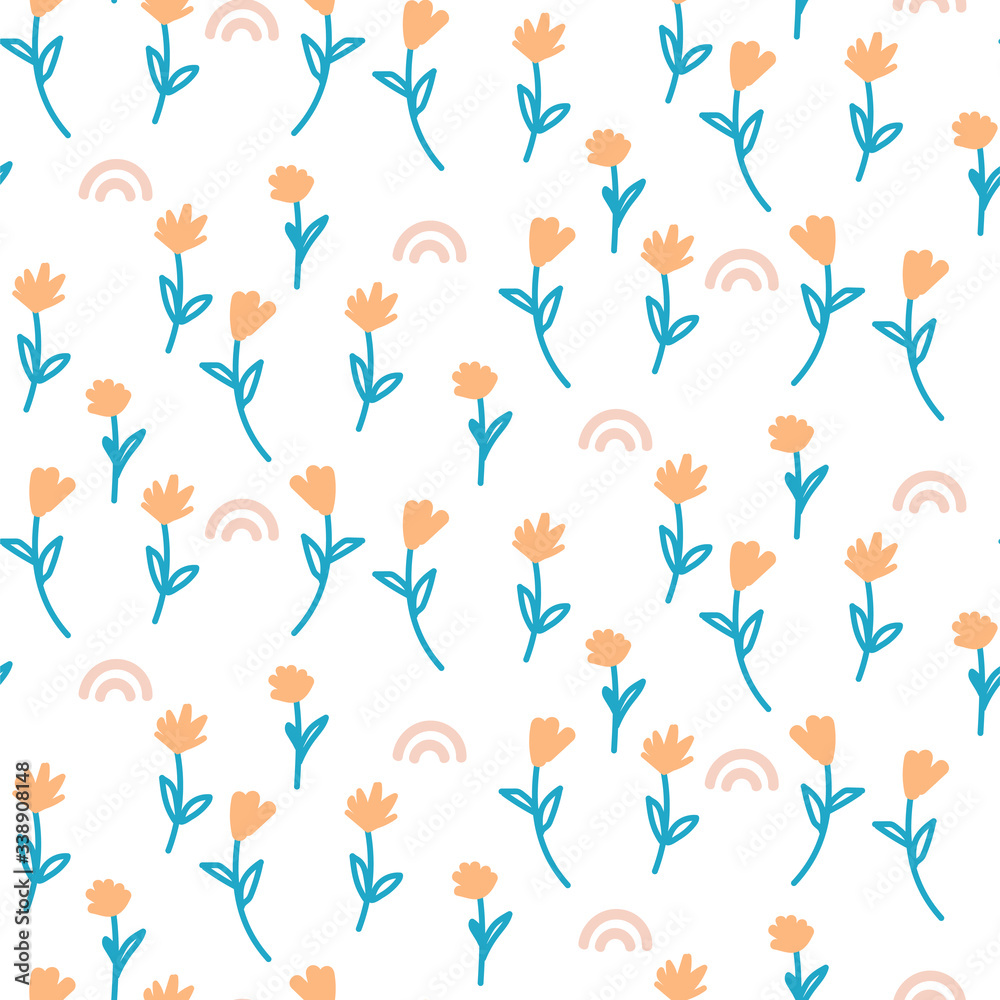 Vector seamless ditsy floral pattern. Blue orange flowers on white background.