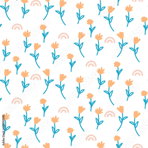 Vector seamless ditsy floral pattern. Blue orange flowers on white background.