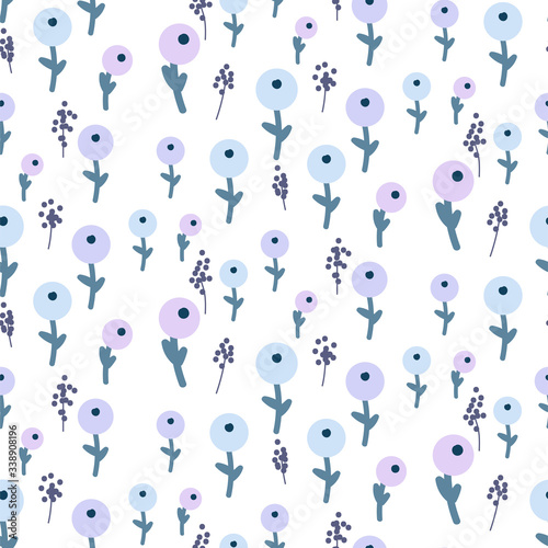 Vector seamless vintage floral pattern. Blue flowers and berries white background.