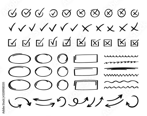 Super set hand drawn check mark with different circle arrows and underlines. Doodle v checklist marks icon set. Vector illustration