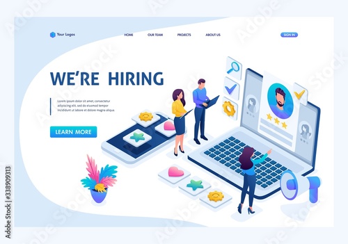 Isometric HR Manager, we hire employees to our company, business recruiting concept. Landing page concepts and web design