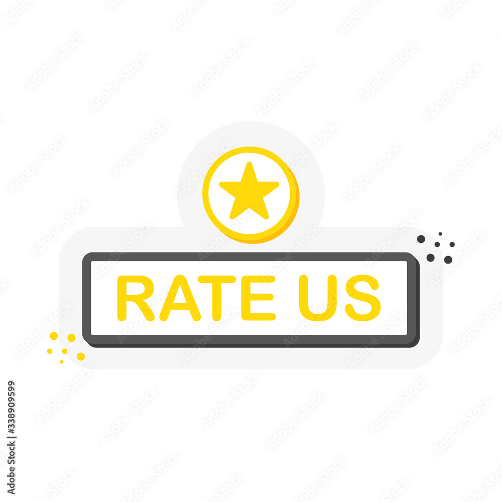 Flat label with RATE US speech bubble. 3D label for business, marketing and advertising on white background. Vector Flat label with RATE US speech bubble. 3D label for business, marketing and advertising on white background. Vector