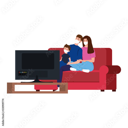 campaign stay at home with family using face mask watching tv vector illustration design