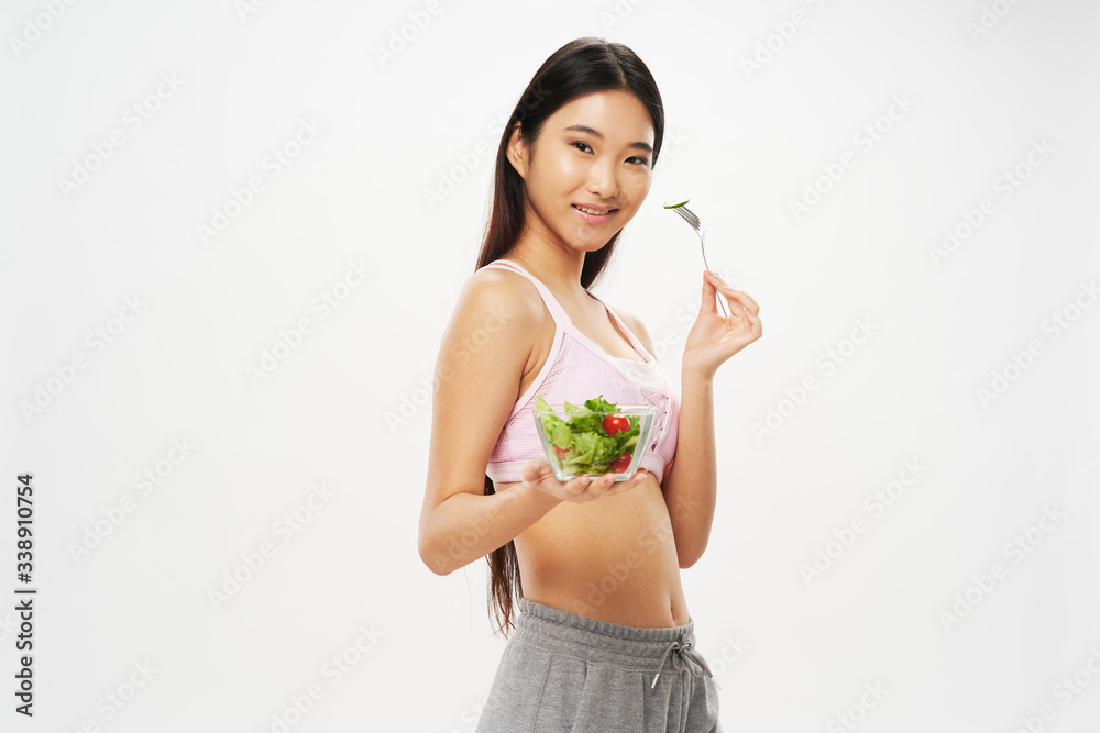 Cheerful woman slim figure charm lifestyle salad meal Cheerful woman slim figure charm lifestyle salad meal