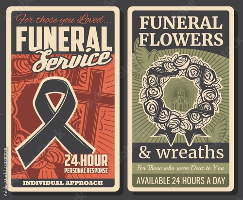 Funeral service, burial ceremony and church farewell memorial. Funeral floral wreath and black RIP ribbon for coffins, cremation columbarium and catafalque hearse service. Vector vintage poster