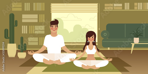 A girl and her boyfriend take a yoga break while working from home. Flat graphic vector illustration.