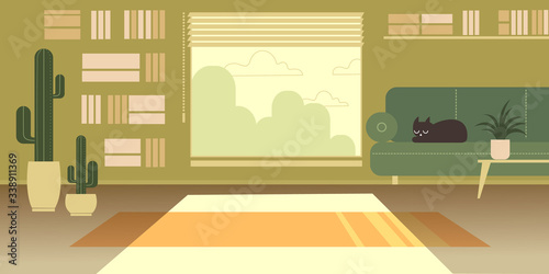An empty room with a dozing black cat at sunset. Vector mockup for background a layout landing page or design advertising banner.