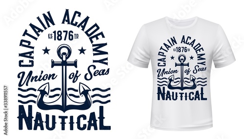 Ship anchor and ocean waves, vector navy blue t-shirt print template mockup. Captain academy and seafarer yacht club, union of seas, t-shirt apparel print with stars, waves and anchor