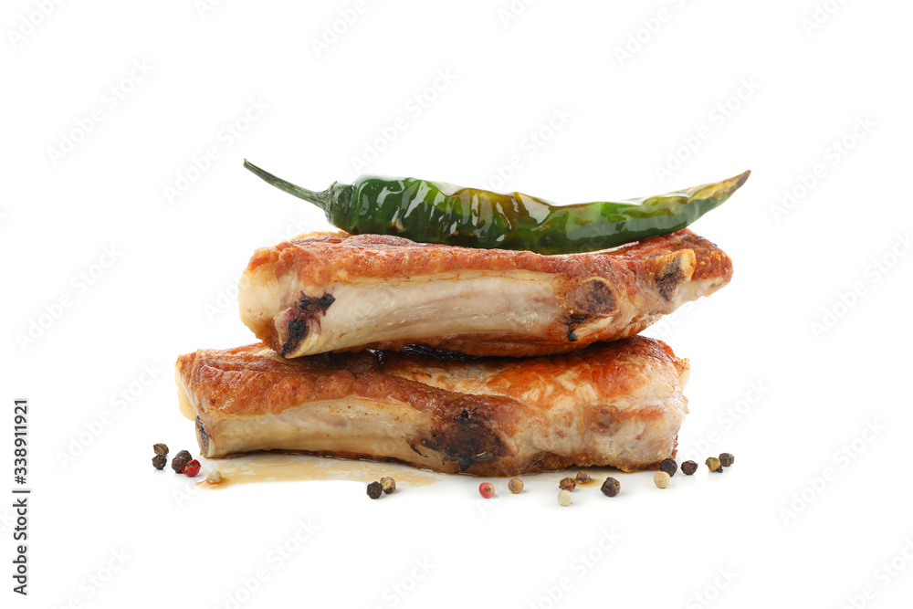 Fried steaks isolated on white background. Grilled food Fried steaks isolated on white background. Grilled food