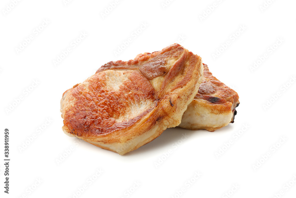 Fried pork steaks isolated on white background. Grilled food Fried pork steaks isolated on white background. Grilled food